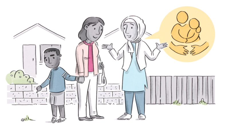 Image from explainer video of a woman holding a child's hand in a neighbourhood whilst talking to a lady wearing a hijab who is explaining the concept of access, care and inclusion